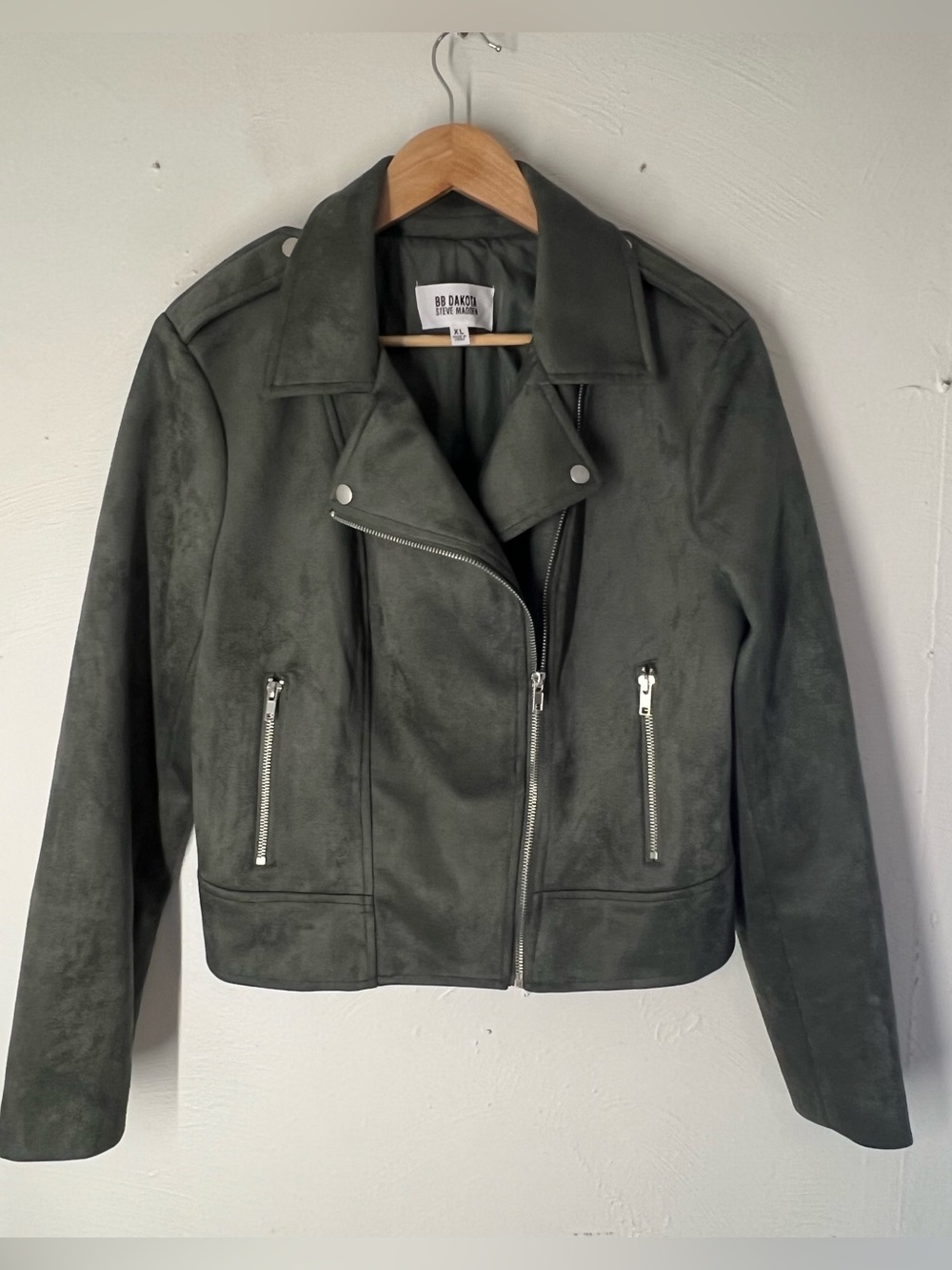 BB Dakota x Steve Madden Cropped Sage Green Vegan Suede Moto Jacket Size XL